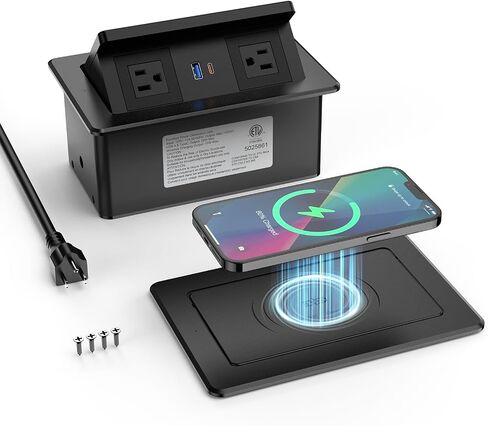 QBA Pop up Power Outlet with 15W Wireless Charger, Recessed Power Strip with USB-C PD 20W, 2 Outlets, Desk Charging Station for Conference Room Kitchen Countertop, ETL Listed in Kuwait