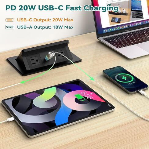 QBA Pop up Power Outlet with 15W Wireless Charger, Recessed Power Strip with USB-C PD 20W, 2 Outlets, Desk Charging Station for Conference Room Kitchen Countertop, ETL Listed in Kuwait