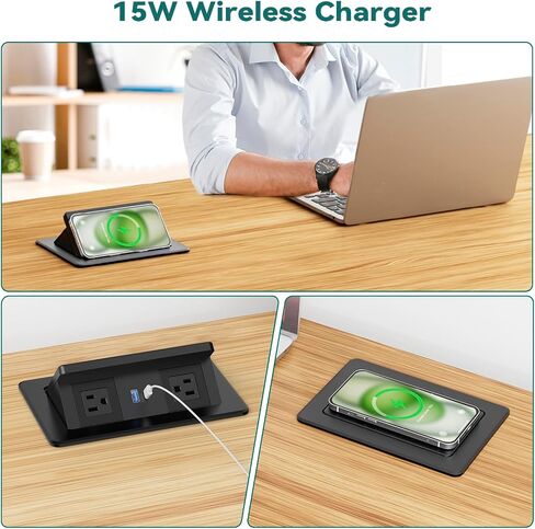 QBA Pop up Power Outlet with 15W Wireless Charger, Recessed Power Strip with USB-C PD 20W, 2 Outlets, Desk Charging Station for Conference Room Kitchen Countertop, ETL Listed in Kuwait