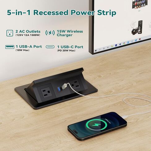 QBA Pop up Power Outlet with 15W Wireless Charger, Recessed Power Strip with USB-C PD 20W, 2 Outlets, Desk Charging Station for Conference Room Kitchen Countertop, ETL Listed in Kuwait