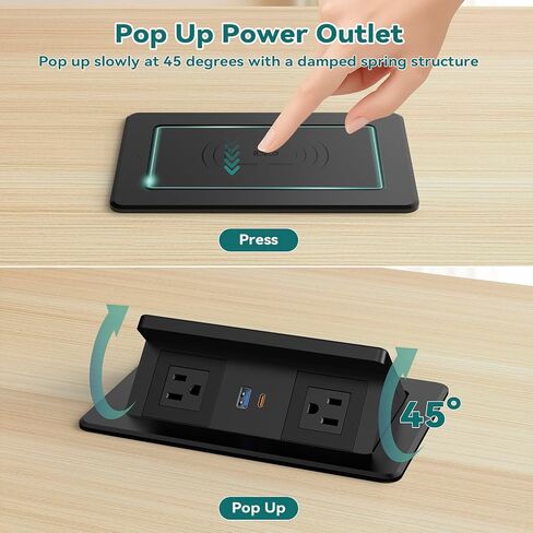QBA Pop up Power Outlet with 15W Wireless Charger, Recessed Power Strip with USB-C PD 20W, 2 Outlets, Desk Charging Station for Conference Room Kitchen Countertop, ETL Listed in Kuwait
