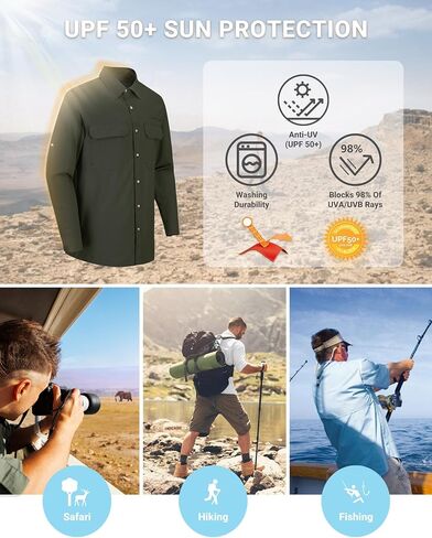 Outdoor Ventures Men's UPF 50+ UV Sun Protection Shirt, Long Sleeve Hiking Fishing Shirt Cooling Quick Dry for Safari Travel in Kuwait