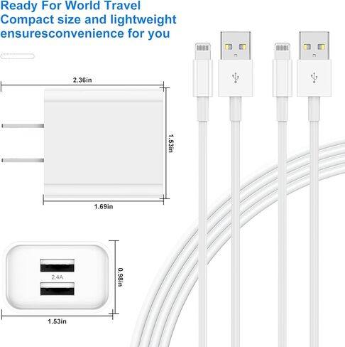 شاحن iPhone وتوصيل الجدار ، سلك كبل البرق 6 قدمًا مع مربع كتلة محول شحن USB مزدوج للمنفذ السريع لـ Apple iPhone 14 Pro Max/13 Pro/12 Mini/11/XR/X/XS Max/8/7s Plus/SE/5C/IPAD in Kuwait