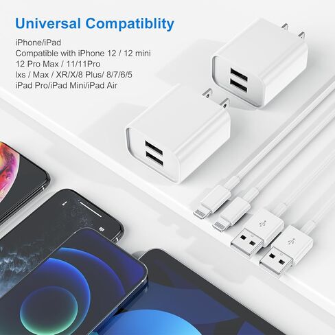 شاحن iPhone وتوصيل الجدار ، سلك كبل البرق 6 قدمًا مع مربع كتلة محول شحن USB مزدوج للمنفذ السريع لـ Apple iPhone 14 Pro Max/13 Pro/12 Mini/11/XR/X/XS Max/8/7s Plus/SE/5C/IPAD in Kuwait