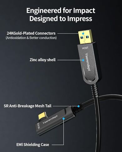 كبلات USB C Optic Optic Cable 50ft ، الزاوية اليمنى عالية السرعة 10 جيجابت في الثانية تمديد المسافات البصرية النشطة لكاميرات الويب ، كاميرات 4K ، VR/AR ، المراكز ، HDDs ، أجهزة العرض والأنظمة الطبية in Kuwait