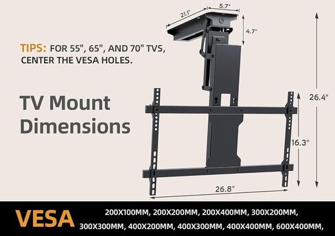 Claiks Ceiling TV Mount-شريحة أزياء كهربائية مزودة بمحركات مع التحكم عن بُعد ، شاشات مسطحة ومنحنية من 32 إلى 70 بوصة ، Max Vesa 600x400mm ، متوافقة مع الأسطح المسطحة والأسود. in Kuwait
