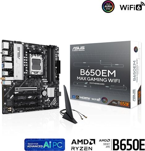 ASUS B650EM MAX Gaming WiFi AMD B650 mATX Motherboard, DDR5, PCIe 5.0 Ready, 3X M.2 Slots, WiFi6, 1Gb Ethernet, DisplayPort, HDMI, Rear USB 10Gbps Type-A & Type-C Ports, BIOS Flashback, Aura Sync in Saudi Arabia