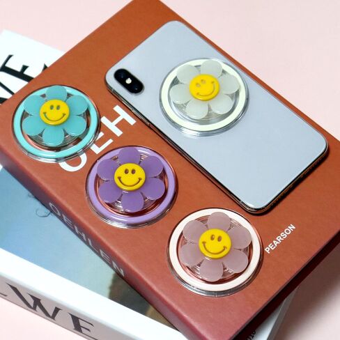 Magnetic Luminous Smiley Flower Mobile Phone Grip: Swappable & Collapsible Grip for Phones & Tablets (White) in Kuwait