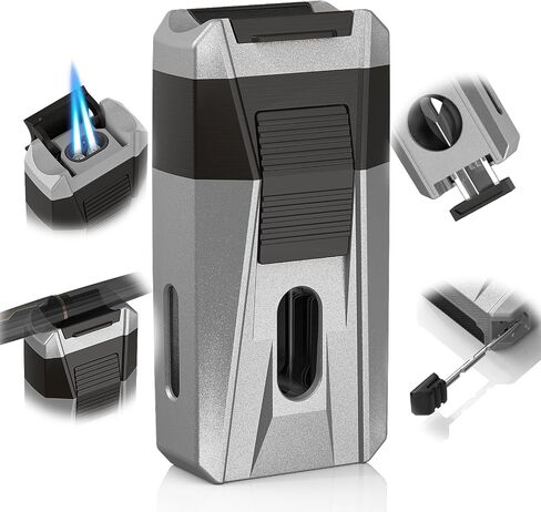 Torch Lighter with Cutter, Holder, Draw Enhancer Tool, Dual Jet Flame, Refillable Butane Torch Lighter, Windproof Lighters for Men with a Gift Box, Butane Lighter for Candles, Travel (Without Butane) in Saudi Arabia