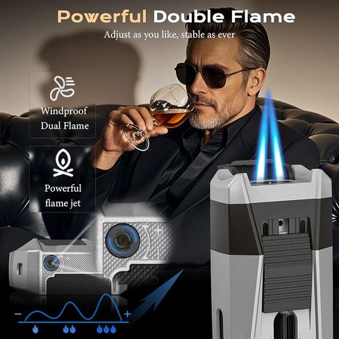 Torch Lighter with Cutter, Holder, Draw Enhancer Tool, Dual Jet Flame, Refillable Butane Torch Lighter, Windproof Lighters for Men with a Gift Box, Butane Lighter for Candles, Travel (Without Butane) in Saudi Arabia