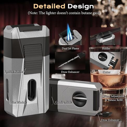 Torch Lighter with Cutter, Holder, Draw Enhancer Tool, Dual Jet Flame, Refillable Butane Torch Lighter, Windproof Lighters for Men with a Gift Box, Butane Lighter for Candles, Travel (Without Butane) in Saudi Arabia