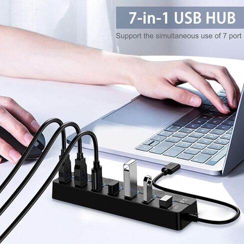 USB Hub 3.0, 7-Port USB Hub Splitter with Individual On/Off Switches and Lights Compatible with MacBook, Laptop, Surface Pro, PS4, PC, Flash Drive, Mobile HDD in Saudi Arabia