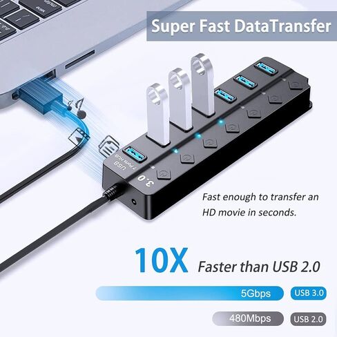 USB Hub 3.0, 7-Port USB Hub Splitter with Individual On/Off Switches and Lights Compatible with MacBook, Laptop, Surface Pro, PS4, PC, Flash Drive, Mobile HDD in Saudi Arabia