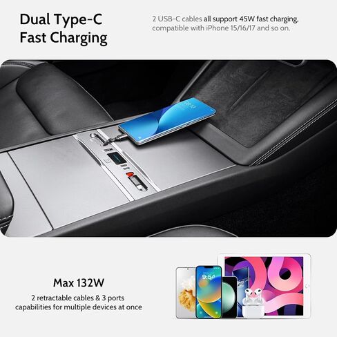 Max 132W Dual Type-C USB Hub, Tesla New Model Y Juniper (2026/2025) Accessories, 5 in 1 Fast Charger for iPhone 16/15 Series, 2-Retractable Cable & 3-Port Docking Station in Kuwait