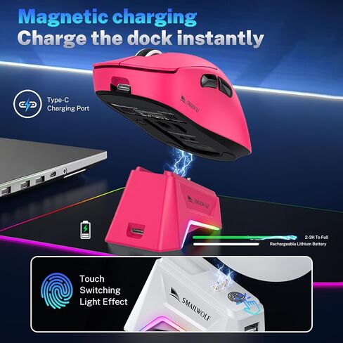 الماوس اللاسلكي للألعاب مع رصيف شحن RGB ، 57 جرام الفئران المريحة خفيفة الوزن ، مستشعر بصري 12 كيلو دبليو ، استطلاع 1 كيلو هرتز ، 5 أزرار قابلة للبرمجة ، وضع ثلاثي الأوسط BT5.1/2.4G/USB-C للكمبيوتر الشخصي و MAC (الأحمر) in Kuwait