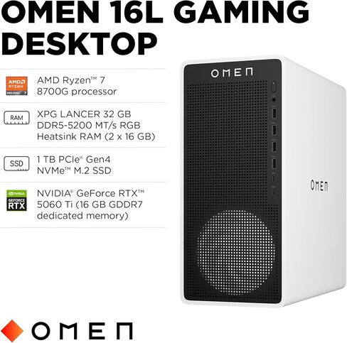 HP OMEN 16L Gaming Desktop PC, AMD Ryzen 7 8700G, 32 GB RAM, 1 TB SSD, NVIDIA GeForce RTX 5060 Ti, Windows 11 Home, Microsoft Copilot, Panda Metal, TG03-0030 (2025) in Kuwait