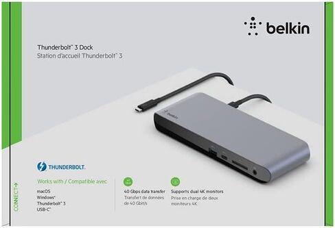Belkin Thunderbolt 3 Dock Pro مع Cable Thunderbolt 3 2.6 قدم (Thunderbolt Dock لنظام التشغيل MacOs و Windows) مزدوج 4K @60Hz ، و 40 جيجابت في الثانية في الثانية ، و 85 واط شحن المنبع in Kuwait