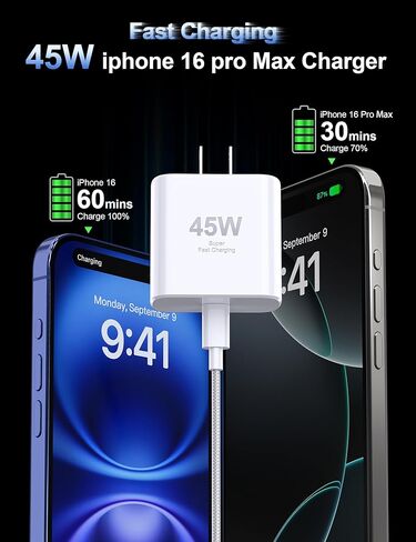 أنا هاتف 16 Pro Max Charger Charging Fast ، 45W USB C Block 2Pack مع استبدال كابل سلك طويل 10 قدمًا لـ iPhone 16/16 Pro/16 Pro Max/16 Plus 15/15 Pro Max/Pro in Kuwait