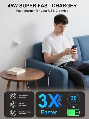 أنا هاتف 16 Pro Max Charger Charging Fast ، 45W USB C Block 2Pack مع استبدال كابل سلك طويل 10 قدمًا لـ iPhone 16/16 Pro/16 Pro Max/16 Plus 15/15 Pro Max/Pro in Kuwait