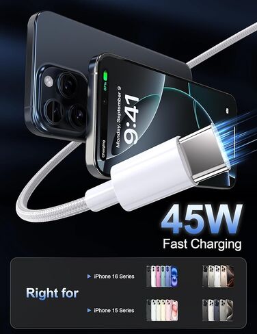 أنا هاتف 16 Pro Max Charger Charging Fast ، 45W USB C Block 2Pack مع استبدال كابل سلك طويل 10 قدمًا لـ iPhone 16/16 Pro/16 Pro Max/16 Plus 15/15 Pro Max/Pro in Kuwait