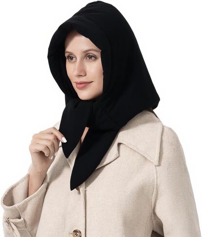 Women Down Cotton One Piece Hooded Scarf Hat Windproof Warm Earflap Hat Winter Thermal Trapper Hat with Chin Strap Black in Kuwait