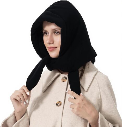 Women Down Cotton One Piece Hooded Scarf Hat Windproof Warm Earflap Hat Winter Thermal Trapper Hat with Chin Strap Black in Kuwait