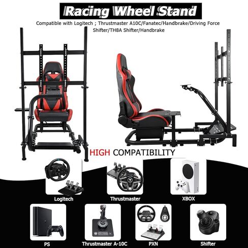 Minneer Handy Racing Simulator Cockpit مع مقعد أحمر وحامل تلفزيوني مناسب لـ Logitech/Thrustmaster/Fanatec G29/G920/T248. in Kuwait