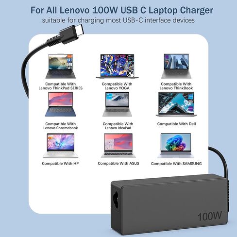 100W USB C Charger Fast Universal Captop Charger ، متوافق مع Lenovo ، MAC Book Pro/Air 16 ، 15 ، 14 ، 13 Inch ، Lenovo ThinkPad ، HP ، Dell ، Asus ، Acer ، Google Series Type C Cord Cord in Kuwait