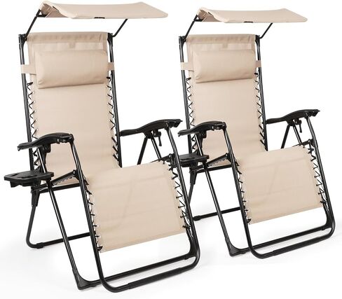 Zero Gravity Chairs Set of 2, Oversized Outdoor Recliner Patio Lounge Chair with Canopy Shade, Foldable Outdoor Lounger with Cup Holder Tray for Backyard Beach Camping, Black in Saudi Arabia