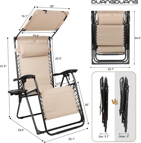Zero Gravity Chairs Set of 2, Oversized Outdoor Recliner Patio Lounge Chair with Canopy Shade, Foldable Outdoor Lounger with Cup Holder Tray for Backyard Beach Camping, Black in Saudi Arabia