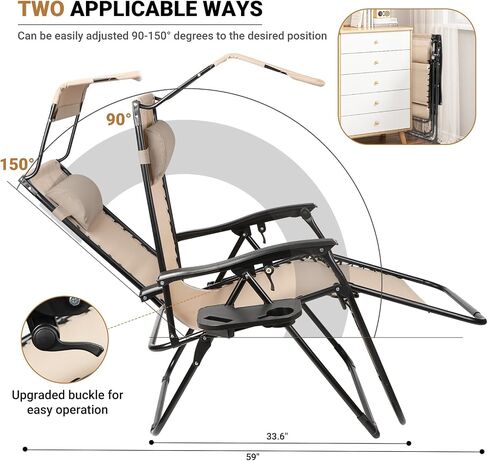 Zero Gravity Chairs Set of 2, Oversized Outdoor Recliner Patio Lounge Chair with Canopy Shade, Foldable Outdoor Lounger with Cup Holder Tray for Backyard Beach Camping, Black in Saudi Arabia