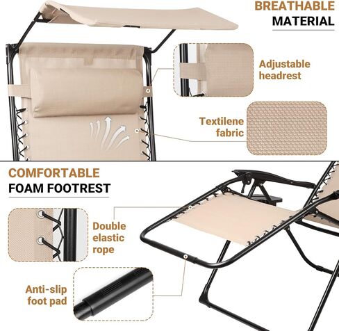 Zero Gravity Chairs Set of 2, Oversized Outdoor Recliner Patio Lounge Chair with Canopy Shade, Foldable Outdoor Lounger with Cup Holder Tray for Backyard Beach Camping, Black in Saudi Arabia