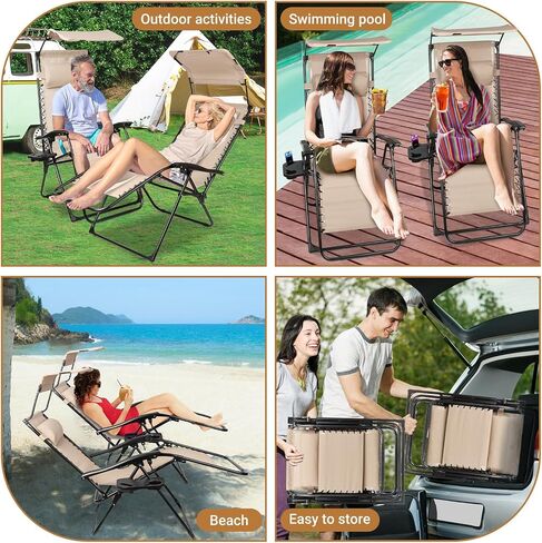 Zero Gravity Chairs Set of 2, Oversized Outdoor Recliner Patio Lounge Chair with Canopy Shade, Foldable Outdoor Lounger with Cup Holder Tray for Backyard Beach Camping, Black in Saudi Arabia