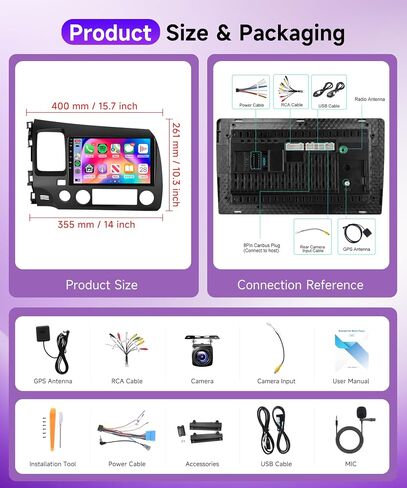 4Core 4G+64G Android CAR Radio for Honda Civic 2008-2011, Rimoody Car Stereo with Wireless Carplay and Android Auto Mirror Link GPS WiFi 9 Inch Touchscreen BT FM/RDS EQ SWC Backup Camera in Saudi Arabia