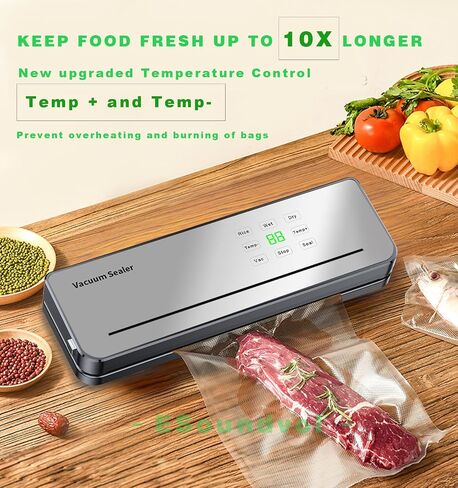 Vacuum Sealer, ESoundvol 7-in-1 Vacuum Sealer Machine for Food Flexible Temperature Control, Built-in Cutter and Visible LED Display for Dry and Moist Food Fresh Preservation with 10Pcs Bags in Saudi Arabia