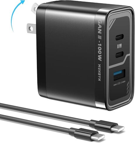 Munbyn Nexgo ™ 100W Gan III 3-Port USB-C Charger Block مع تصميم قابلة للطي مضغوط ، شحن سريع الطوارئ لـ MacBook Pro و iPhone و iPad و Galaxy وأكثر (كابل 3.3 قدم) in Saudi Arabia