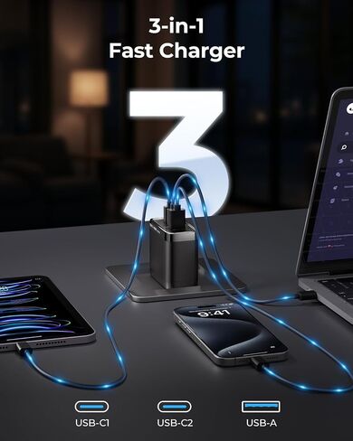 Munbyn Nexgo ™ 100W Gan III 3-Port USB-C Charger Block مع تصميم قابلة للطي مضغوط ، شحن سريع الطوارئ لـ MacBook Pro و iPhone و iPad و Galaxy وأكثر (كابل 3.3 قدم) in Saudi Arabia