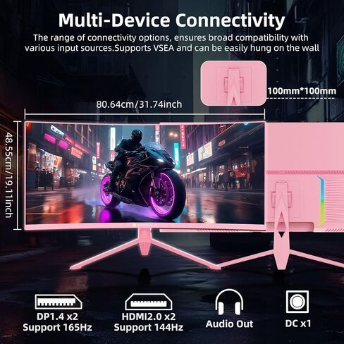 Pink 34 Inch Curved Gaming Monitor 4K, 3440x1440 165Hz Ultrawide Computer Monitor, 1500R -Pip 1ms(Mprt) ‌HDR400 125% sRGB, Dci-P3 92%, HDMI/DP, Port, Suitable for Games and Office Work in Saudi Arabia