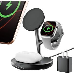 3 in 1 Wireless Charging Station for Multiple Devices Apple Magsafe Charger Stand, Fast Magnetic Mag-Safe Wireless Charger Dock for iPhone 16 15 14 13 12 Series Watch Airpods NigntStand Charging Dock in Saudi Arabia