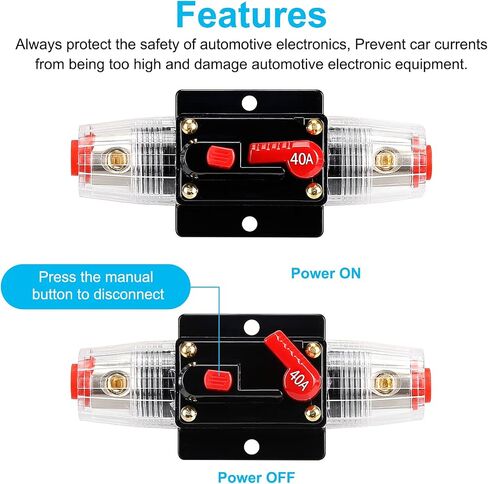 60 AMP 12V-48V DC Fuse Holder ، Noweierton ، قاطع الدائرة الصوتية ، حاملي الصمامات المضمّن للسيارات التلقائية ، إعادة تعيين يدوي ، لستيريو القوارب البحرية الصوتية مع العروات الأسلاك وأنبوب تقليص الحرارة in Kuwait