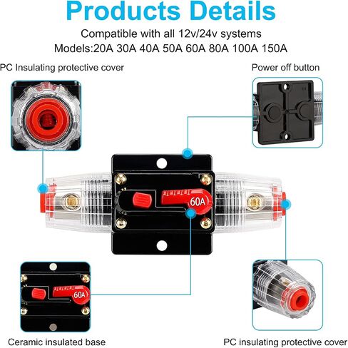 60 Amp 12V-48V DC Fuse Holder,NOWEIERTON,Audio Circuit Breaker,Auto Car Stereo Inline Fuse Holders, Manual Reset,for Car Audio Marine Boat Stereo with Wire Lugs and Heat Shrink Tube in Kuwait
