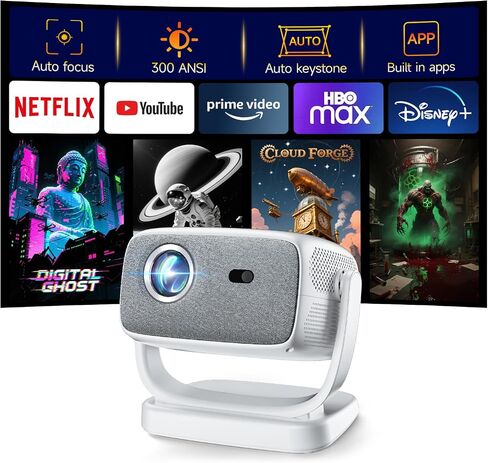 [Built-in Apps&Auto Focus] Portable Projector 1080P Smart Mini Projector Support 4K 180° Stand Auto Keystone with WiFi 6 Bluetooth Fabric Panel Movie Projector Compatible with TV Stick/Xbox/Laptop in Saudi Arabia