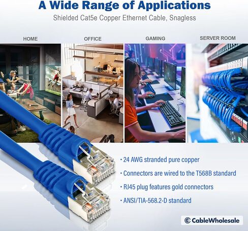 كابل CableWholesale Cat5e Ethernet Cable ، 24Awg ، RJ45 Gold Plate Connector ، ETL ، Snagless Boot 4 Pair Stranded Copper Smielded Twisted Cable (STP) كابل شبكة الإنترنت ، 7 أقدام ، أزرق in Saudi Arabia