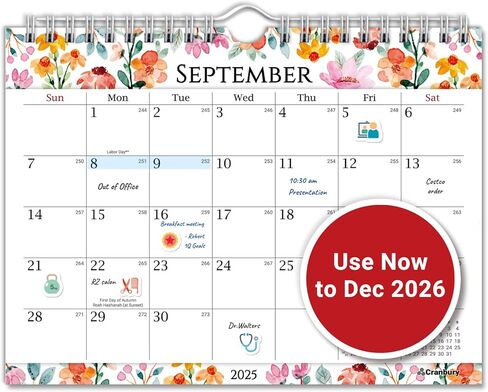 CRANBURY Small 8x6" Wall Calendar 2025-2026 (Floral), Use July 2025 to Dec 2026, Mini Monthly Hanging Calendar, Gorgeous Flower Designs, Use on Bulletin Board, Fridge, or on Desk, Includes Stickers in Kuwait