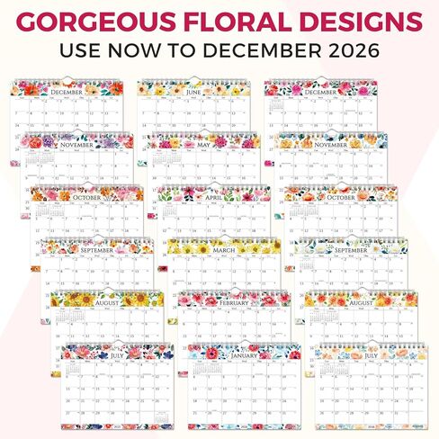CRANBURY Small 8x6" Wall Calendar 2025-2026 (Floral), Use July 2025 to Dec 2026, Mini Monthly Hanging Calendar, Gorgeous Flower Designs, Use on Bulletin Board, Fridge, or on Desk, Includes Stickers in Kuwait