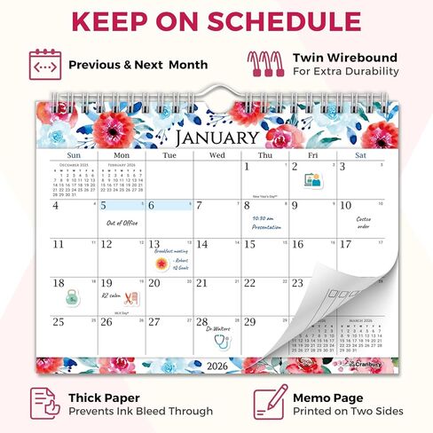 CRANBURY Small 8x6" Wall Calendar 2025-2026 (Floral), Use July 2025 to Dec 2026, Mini Monthly Hanging Calendar, Gorgeous Flower Designs, Use on Bulletin Board, Fridge, or on Desk, Includes Stickers in Kuwait