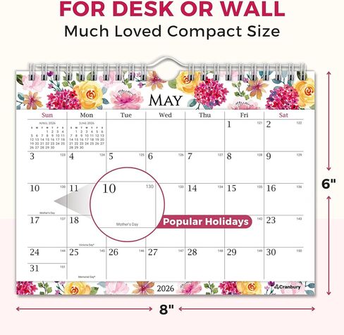 CRANBURY Small 8x6" Wall Calendar 2025-2026 (Floral), Use July 2025 to Dec 2026, Mini Monthly Hanging Calendar, Gorgeous Flower Designs, Use on Bulletin Board, Fridge, or on Desk, Includes Stickers in Kuwait