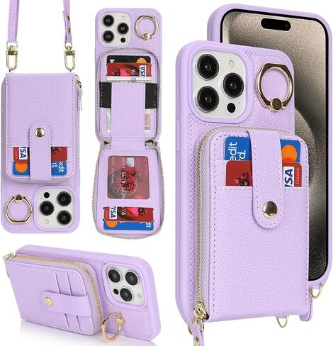 for iPhone 15 Pro Max Wallet Case with Card Holder for Women,for iPhone 15 Pro Max Crsosbody Case with Strap Lanyard,Zipper Stand Ring Phone Cover with Coin Pocket-Rose Gold in Saudi Arabia