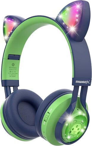 Riwbox Kids Headphones, CT-7S Cat Ear Bluetooth Headphones with LED Light, 85dB Volume Limiting, Over Ear with Microphone for Laptop/PC/TV (Pink&Purple) in Kuwait