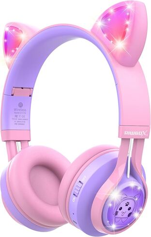 Riwbox Kids Headphones, CT-7S Cat Ear Bluetooth Headphones with LED Light, 85dB Volume Limiting, Over Ear with Microphone for Laptop/PC/TV (Pink&Purple) in Kuwait